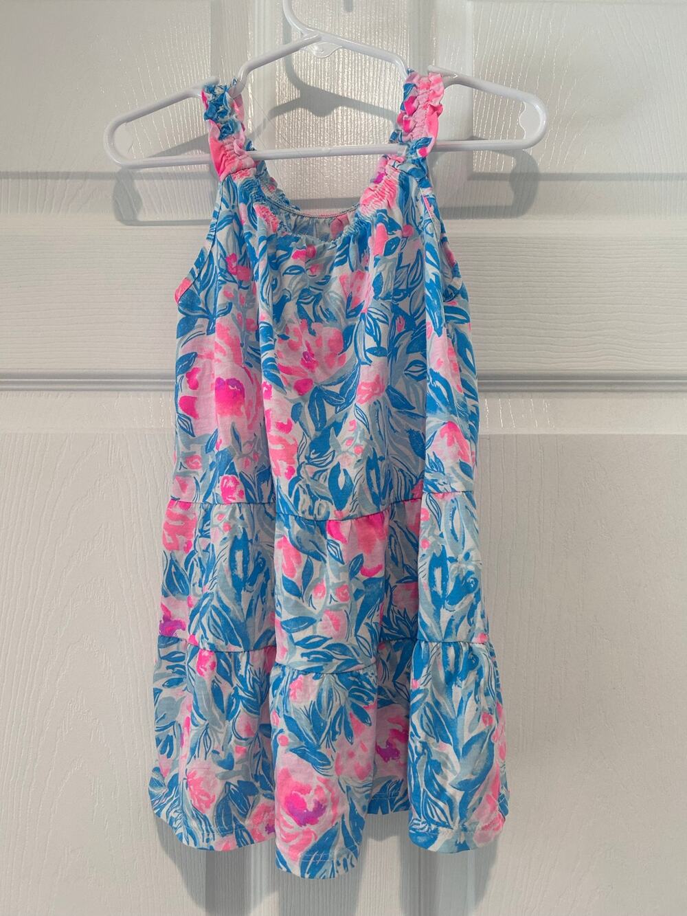 Lilly Pulitzer Girl XS 2-3 Tiered Swing Dress Pink Blue Floral Preppy Mommy & Me